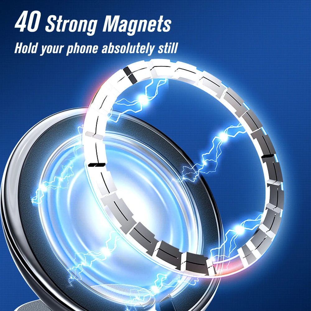"Magnetische Handyhalterung im Auto mit Magsafe-Technologie, 360-Grad-Drehung und klappbarem Design für sicheren Halt."