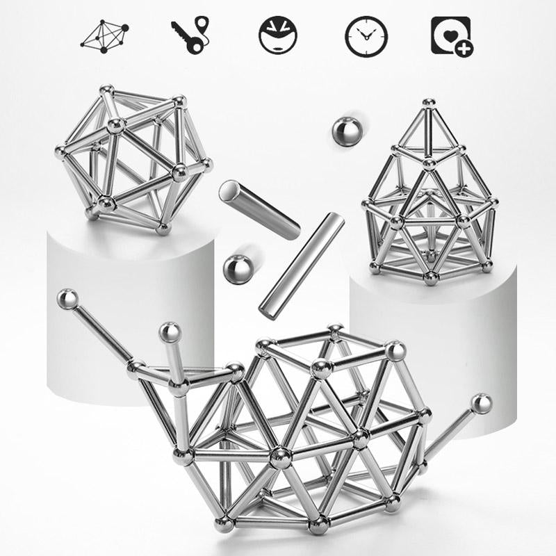 "Magnetische Kugeln und Stäbe in Silber, glänzend, perfekt zum kreativen Gestalten und Stressabbau, aus robusten Materialien.