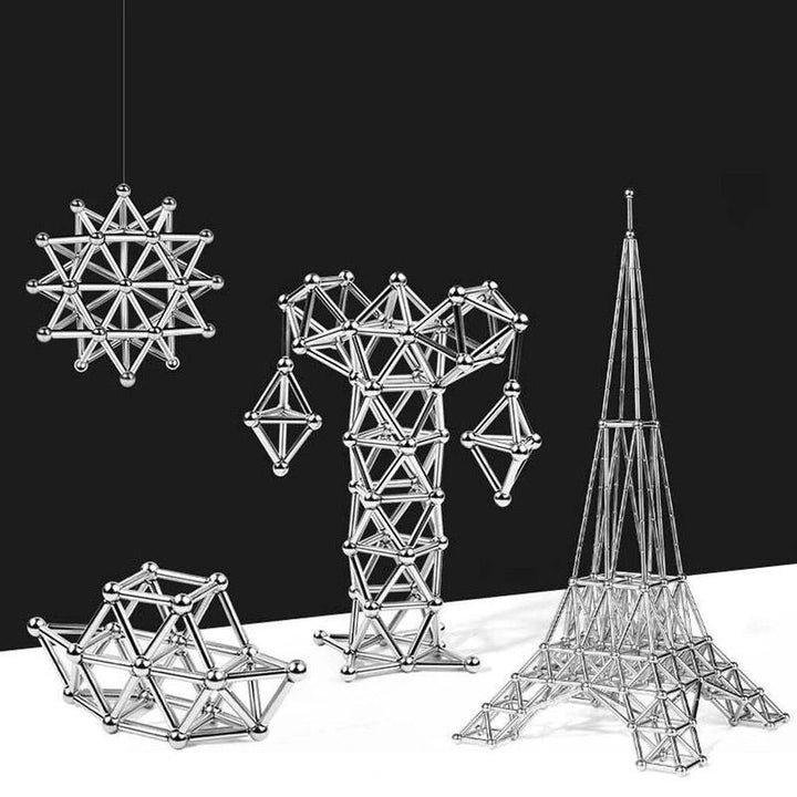 "Magnetische Kugeln und Stäbe in Silber, glänzend, perfekt zum kreativen Gestalten und Stressabbau, aus robusten Materialien.