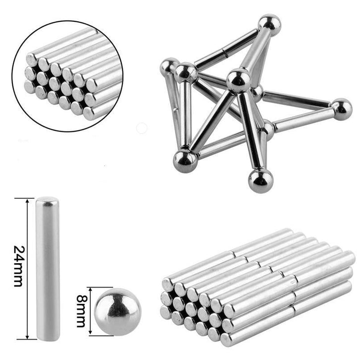 "Magnetische Kugeln und Stäbe in Silber, glänzend, perfekt zum kreativen Gestalten und Stressabbau, aus robusten Materialien.