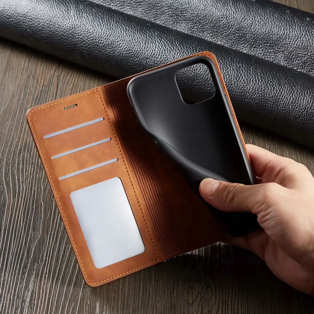 "Magnetische Leder iPhone Hülle, edle Optik, hochwertiges Leder, elegantes Design, sicherer Magnetverschluss"