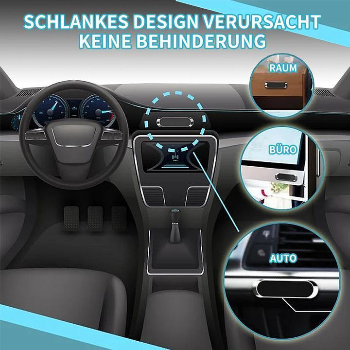 "Magnetischer Telefonhalter am Armaturenbrett, kompakt, vielseitig und montagefrei, für sichere und rückstandsfreie Nutzung."