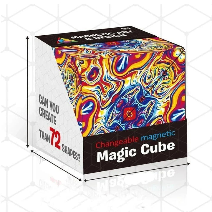 "Magnetischer Zauberwürfel mit bunten geometrischen Formen in Aktion, kreatives wandelbares Puzzle für alle Altersgruppen."