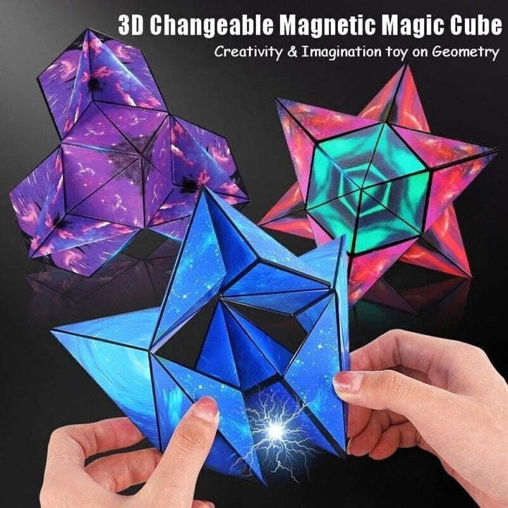 "Magnetischer Zauberwürfel mit bunten geometrischen Formen in Aktion, kreatives wandelbares Puzzle für alle Altersgruppen."