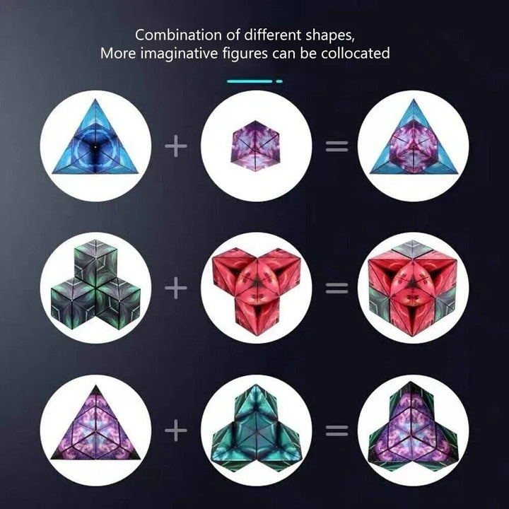 "Magnetischer Zauberwürfel mit bunten geometrischen Formen in Aktion, kreatives wandelbares Puzzle für alle Altersgruppen."