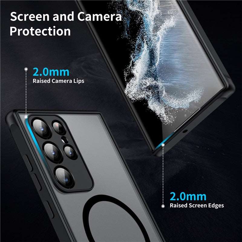 "Magnetisches, stoßfestes Samsung Galaxy Gehäuse in Armeegrün, schlankes Design, kabelloses Laden möglich."