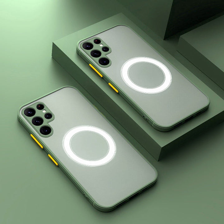 "Magnetisches, stoßfestes Samsung Galaxy Gehäuse in Armeegrün, schlankes Design, kabelloses Laden möglich."