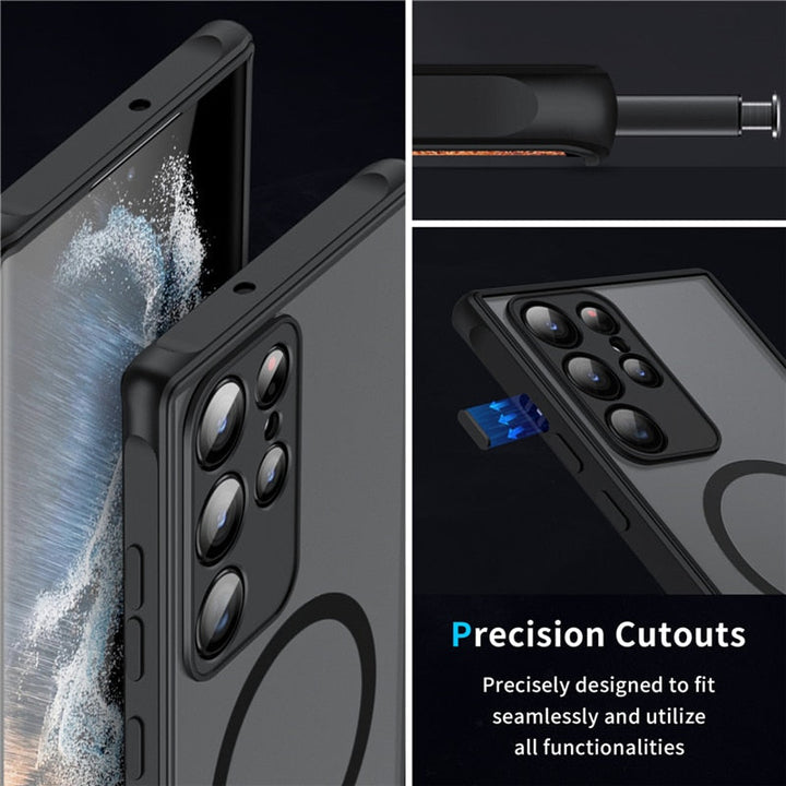 "Magnetisches, stoßfestes Samsung Galaxy Gehäuse in Armeegrün, schlankes Design, kabelloses Laden möglich."