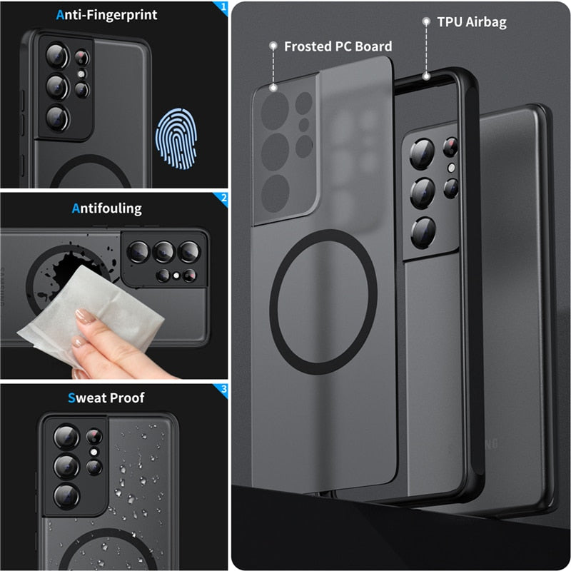 "Magnetisches, stoßfestes Samsung Galaxy Gehäuse in Armeegrün, schlankes Design, kabelloses Laden möglich."