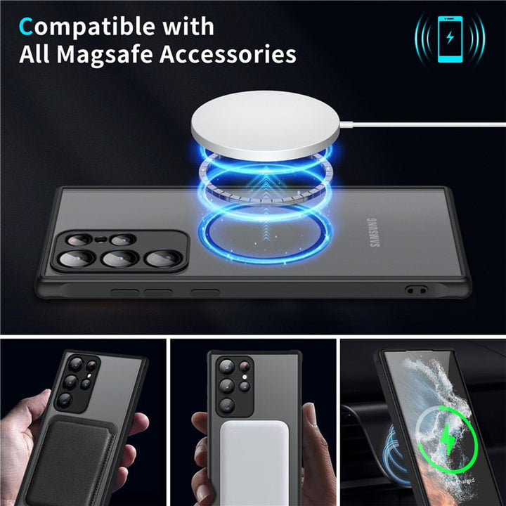"Magnetisches, stoßfestes Samsung Galaxy Gehäuse in Armeegrün, schlankes Design, kabelloses Laden möglich."