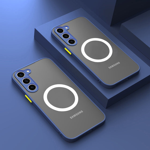 "Magnetisches, stoßfestes Samsung Galaxy Gehäuse in Armeegrün, schlankes Design, kabelloses Laden möglich."