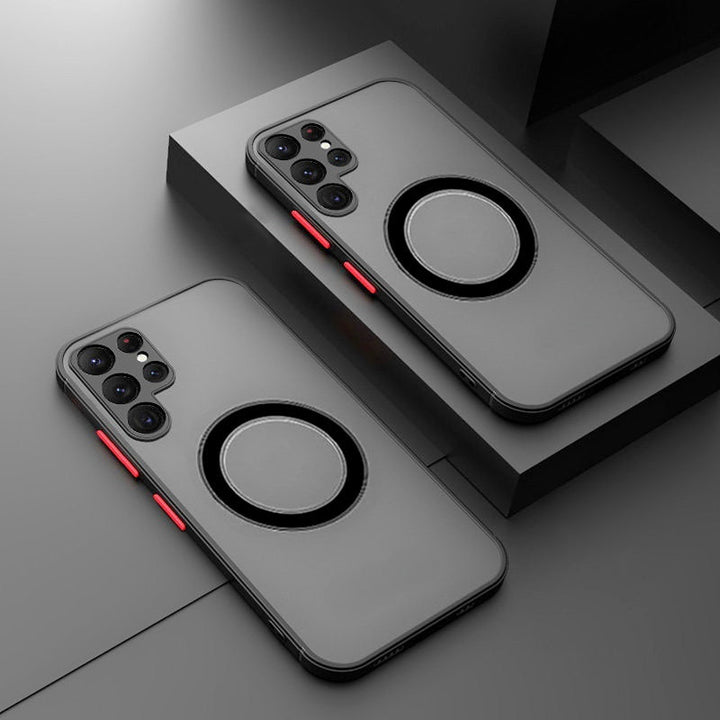 "Magnetisches, stoßfestes Samsung Galaxy Gehäuse in Armeegrün, schlankes Design, kabelloses Laden möglich."