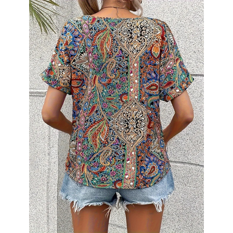 "Mehrfarbige Damenbluse, V-Ausschnitt, auffälliger Blumenprint, stilvoll und vielseitig, geeignet für jeden Anlass."