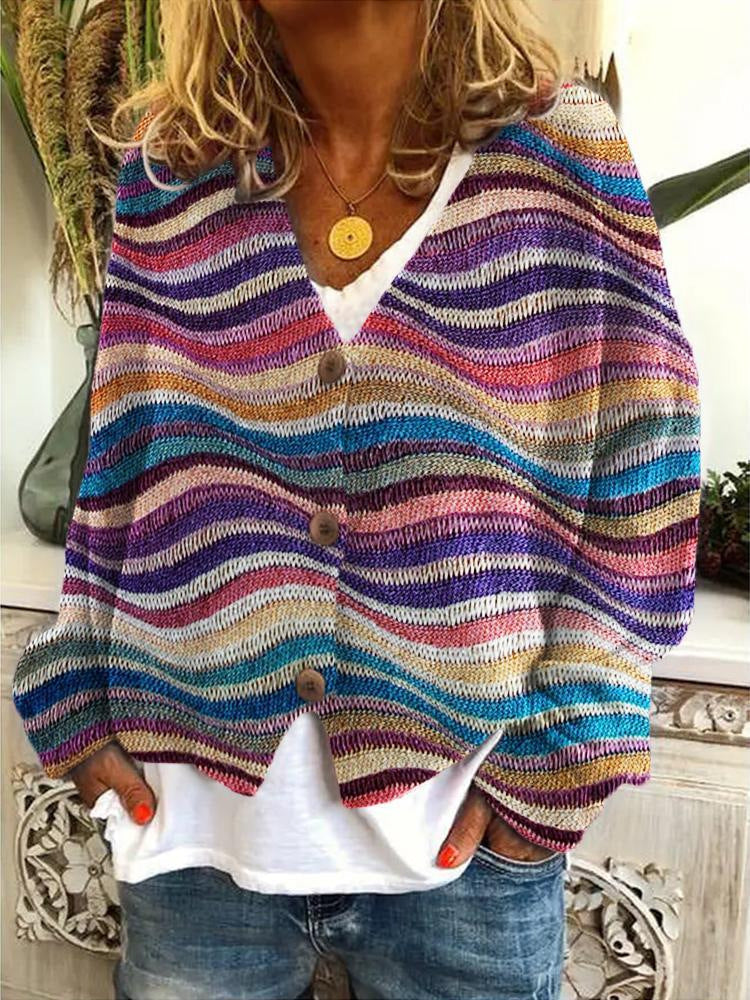 "Mehrfarbige Damenstrickjacke mit Knopfleiste, lebendige Muster, weich, bequem, ideal für stilvolle Garderobe"