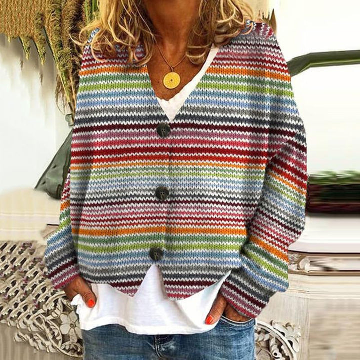 "Mehrfarbige Damenstrickjacke mit Knopfleiste, lebendige Muster, weich, bequem, ideal für stilvolle Garderobe"
