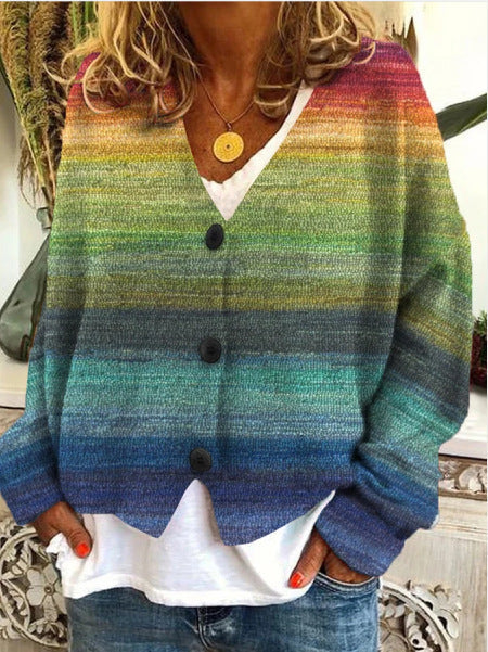 "Mehrfarbige Damenstrickjacke mit Knopfleiste, lebendige Muster, weich, bequem, ideal für stilvolle Garderobe"