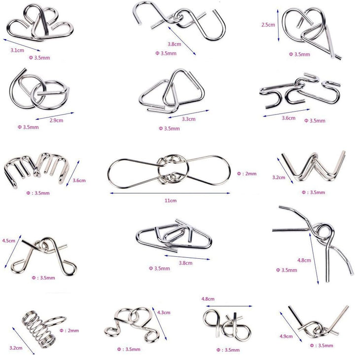 "Metallpuzzle mit ineinander verschlungenen Ringen, verschiedenen Formen, ideal für Logik- und Geschicklichkeitstraining"