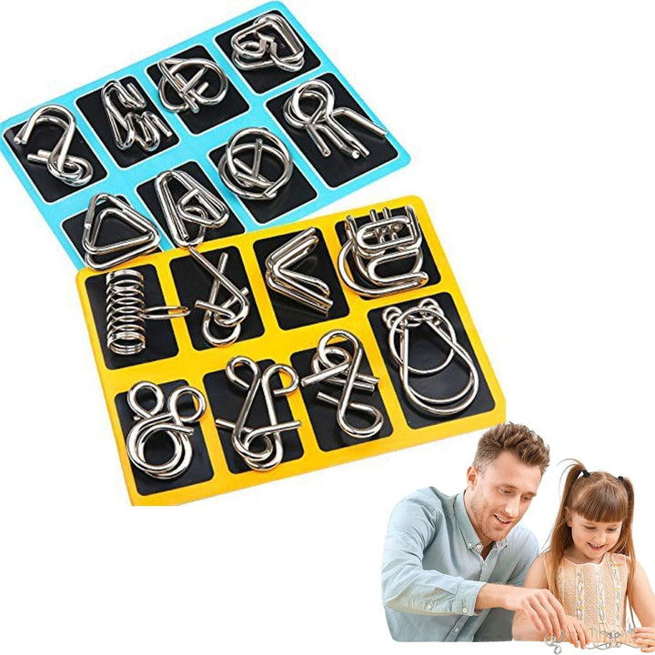 "Metallpuzzle mit ineinander verschlungenen Ringen, verschiedenen Formen, ideal für Logik- und Geschicklichkeitstraining"