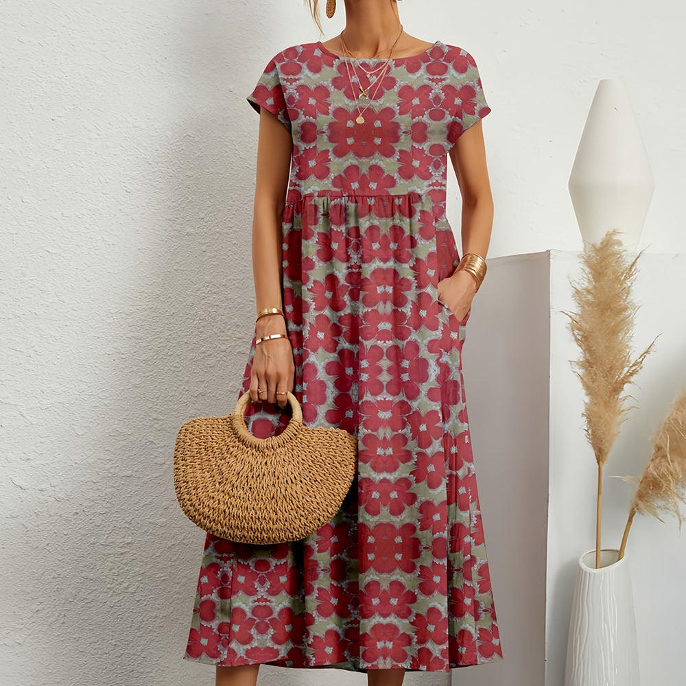 "Midikleid aus Baumwollleinen, A-Linie, Rundhals, in leuchtenden Farben für lässige Sommermode, kurzärmelig, atmungsaktiv"