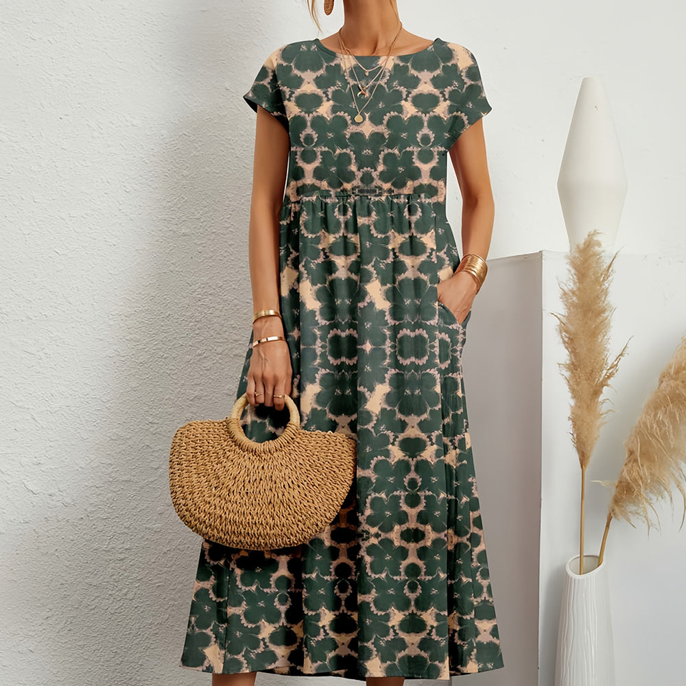 "Midikleid aus Baumwollleinen, A-Linie, Rundhals, in leuchtenden Farben für lässige Sommermode, kurzärmelig, atmungsaktiv"