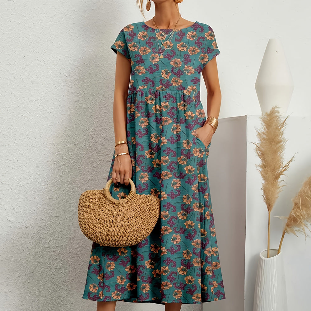 "Midikleid aus Baumwollleinen, A-Linie, Rundhals, in leuchtenden Farben für lässige Sommermode, kurzärmelig, atmungsaktiv"