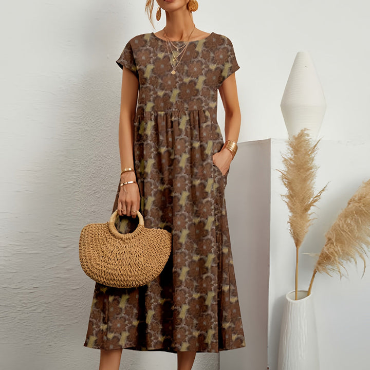 "Midikleid aus Baumwollleinen, A-Linie, Rundhals, in leuchtenden Farben für lässige Sommermode, kurzärmelig, atmungsaktiv"