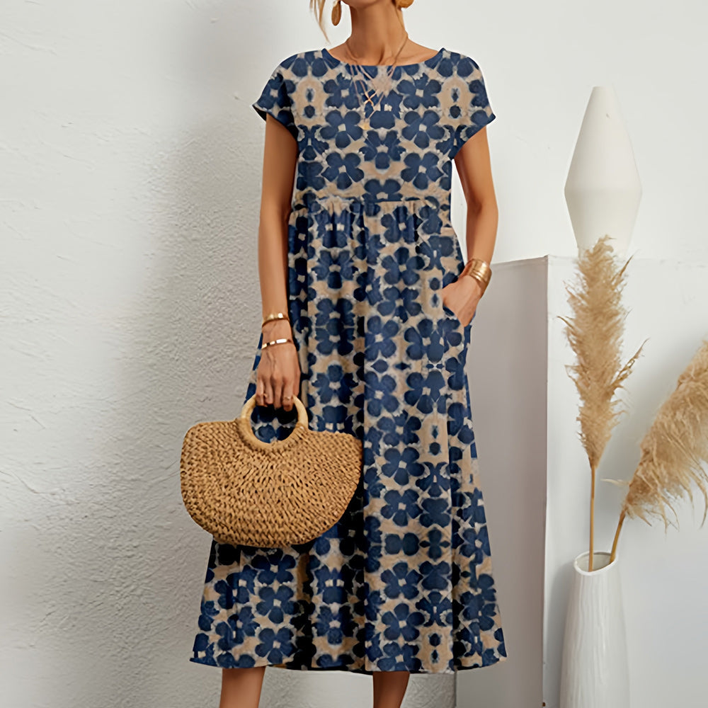 "Midikleid aus Baumwollleinen, A-Linie, Rundhals, in leuchtenden Farben für lässige Sommermode, kurzärmelig, atmungsaktiv"