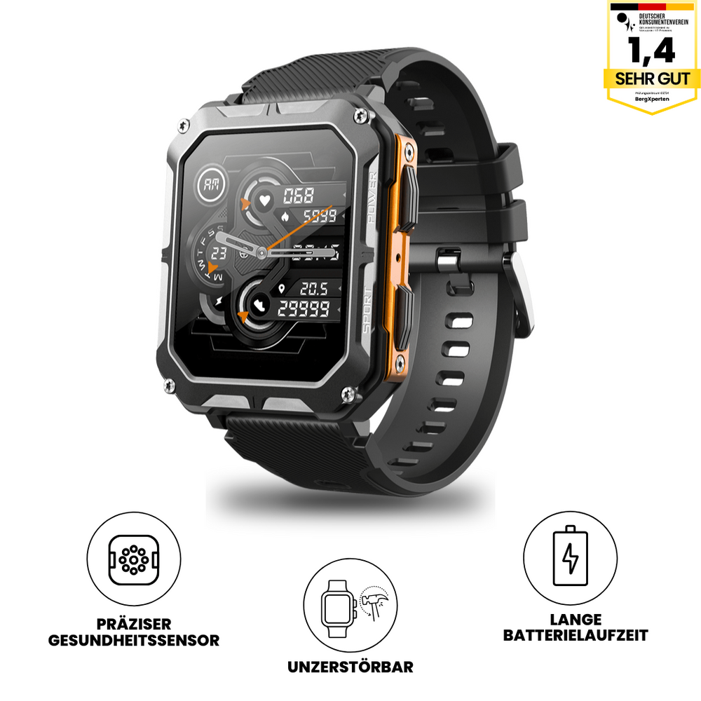 "Militär robuste AirForce K-52 Smartwatch in Glut-Orange, kratzfest, ideal für Fitness-Tracking und extremen Einsatz"