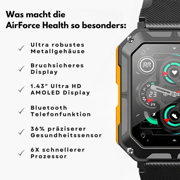 "Militär robuste AirForce K-52 Smartwatch in Glut-Orange, kratzfest, ideal für Fitness-Tracking und extremen Einsatz"