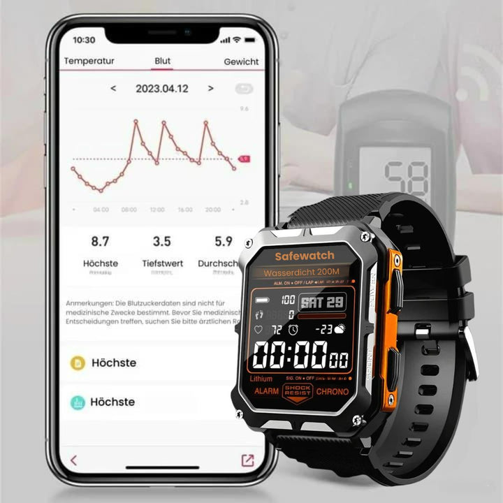 "Militär robuste AirForce K-52 Smartwatch in Glut-Orange, kratzfest, ideal für Fitness-Tracking und extremen Einsatz"