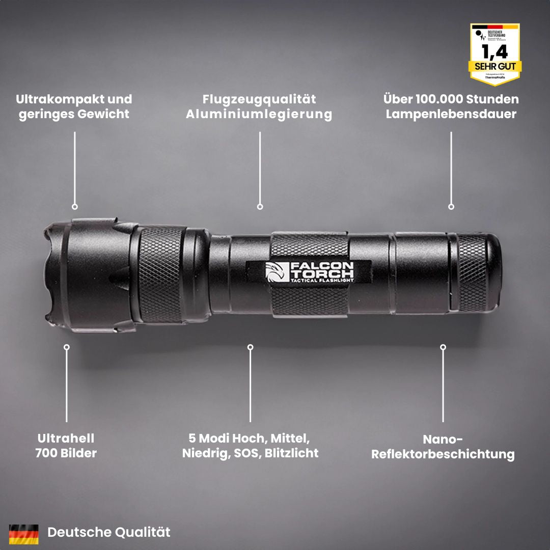Militärische Taschenlampe 500 Lumen, robustes Design, 5 Beleuchtungsmodi, aus Flugzeugaluminium, outdoor geeignet.