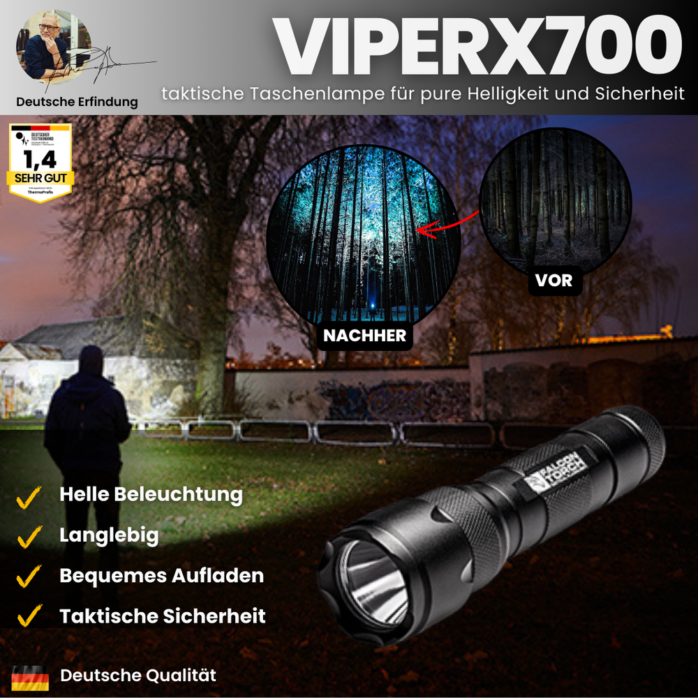 Militärische Taschenlampe 500 Lumen, robustes Design, 5 Beleuchtungsmodi, aus Flugzeugaluminium, outdoor geeignet.