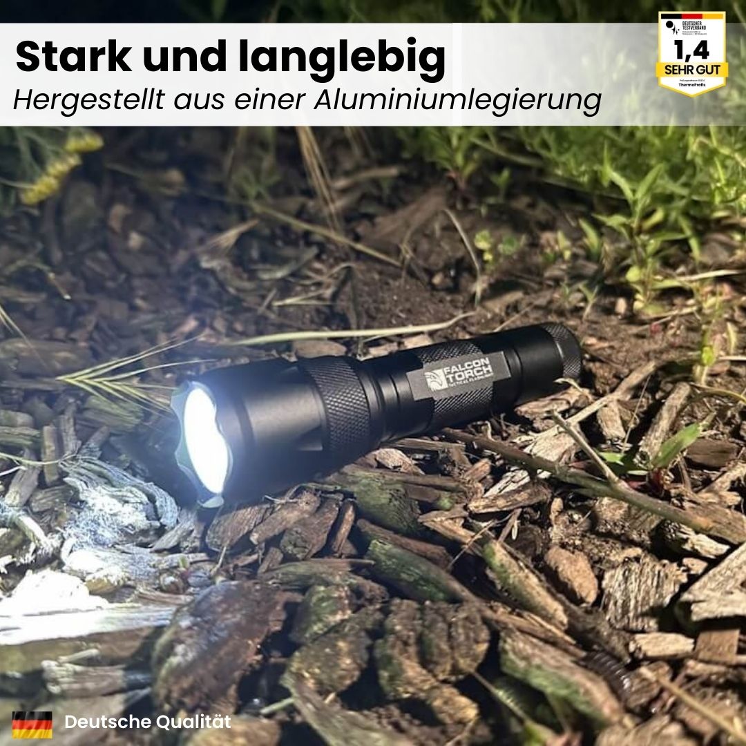 Militärische Taschenlampe 500 Lumen, robustes Design, 5 Beleuchtungsmodi, aus Flugzeugaluminium, outdoor geeignet.
