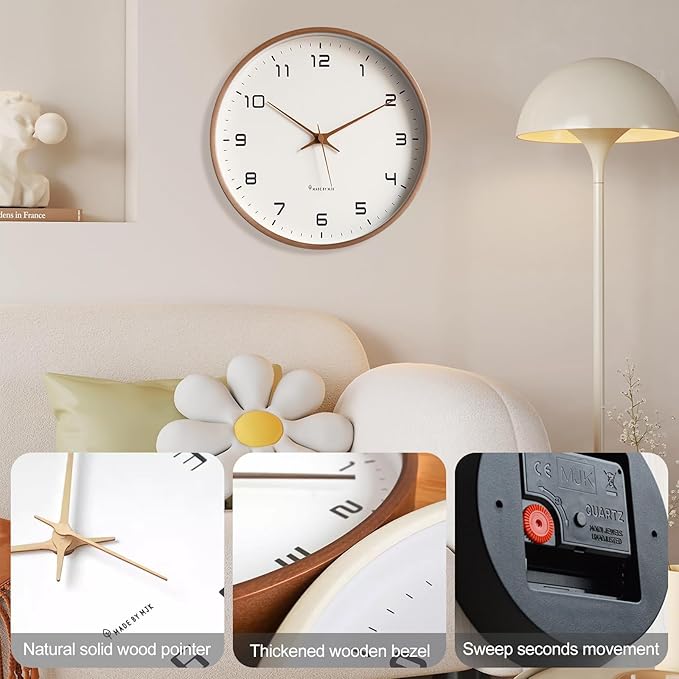 "Minimalistische nordische Holzwanduhr, rund, in edlem Braun, skandinavisches Design, nachhaltiges Material, präzises Quarzuh