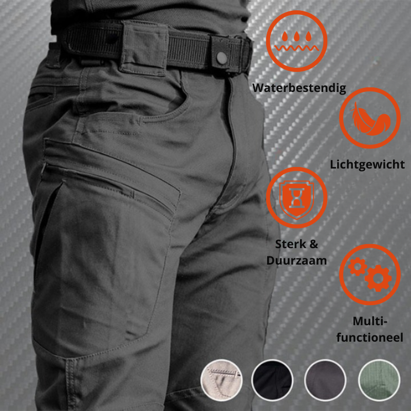 "Moderne Herren Cargo Hose mit Klappentaschen, robuste Materialien, in stilvollen Farben wie Beige, Blau, Grau und Schwarz."