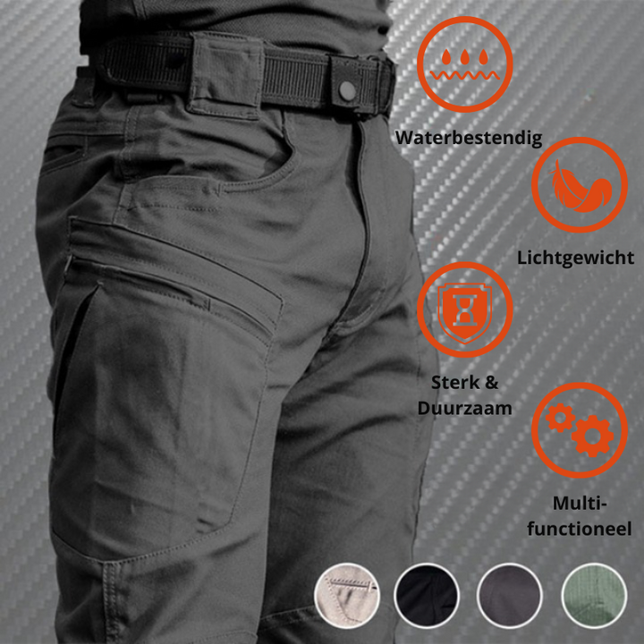 "Moderne Herren Cargo Hose mit Klappentaschen, robuste Materialien, in stilvollen Farben wie Beige, Blau, Grau und Schwarz."