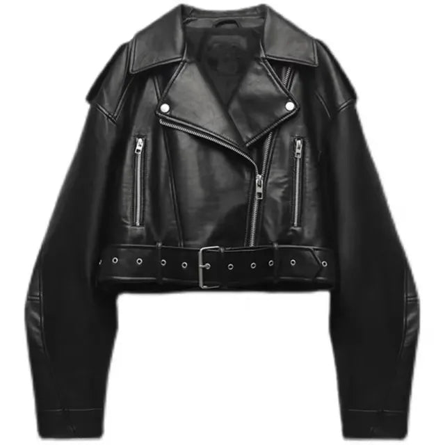 "Moderne kurze Bikerjacke in Lederoptik, schwarz oder grün, XS-XL, mit Reißverschlüssen und Gürtel für stilvollen Look."