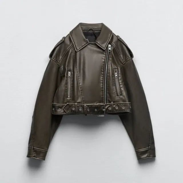 "Moderne kurze Bikerjacke in Lederoptik, schwarz oder grün, XS-XL, mit Reißverschlüssen und Gürtel für stilvollen Look."