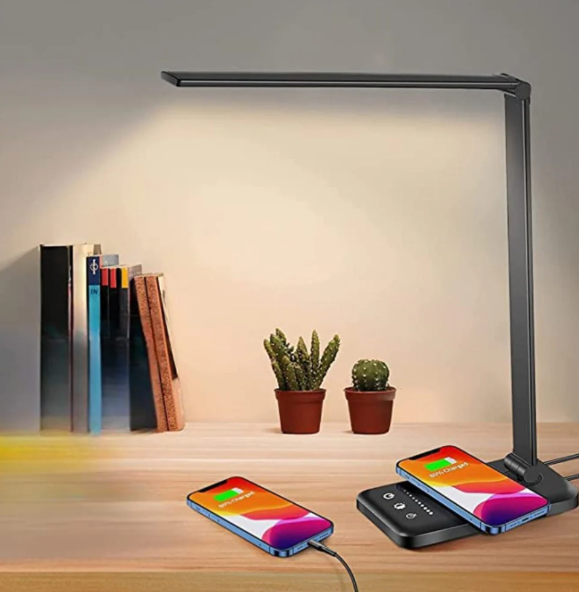 Moderne LED-Tischlampe mit flexiblem Arm und USB-Ladefunktion, stilvoll für Büro oder Zuhause, dimmbare Lichtmodi.