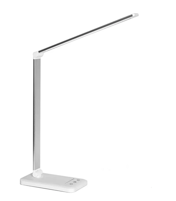 Moderne LED-Tischlampe mit flexiblem Arm und USB-Ladefunktion, stilvoll für Büro oder Zuhause, dimmbare Lichtmodi.