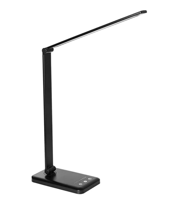 Moderne LED-Tischlampe mit flexiblem Arm und USB-Ladefunktion, stilvoll für Büro oder Zuhause, dimmbare Lichtmodi.