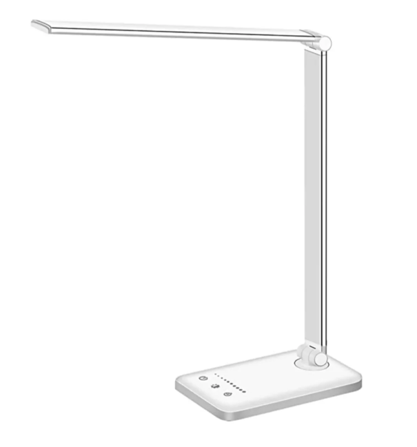 Moderne LED-Tischlampe mit flexiblem Arm und USB-Ladefunktion, stilvoll für Büro oder Zuhause, dimmbare Lichtmodi.