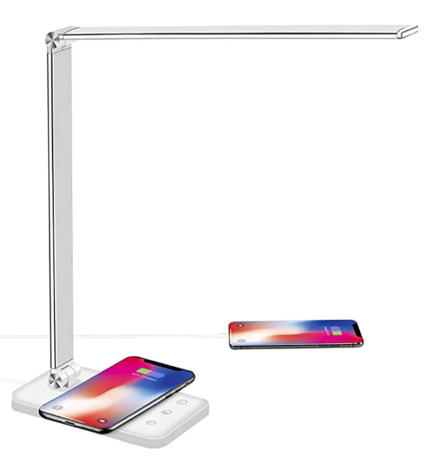 Moderne LED-Tischlampe mit flexiblem Arm und USB-Ladefunktion, stilvoll für Büro oder Zuhause, dimmbare Lichtmodi.