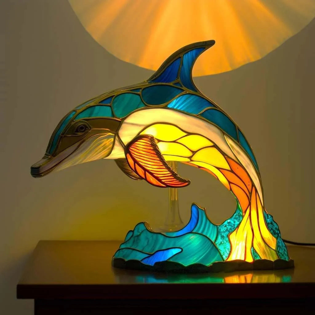 "Moderne Tiffany-Kunstlampe mit farbigem Wolfsmotiv, ideal für stilvolle Wohnräume; vielseitige Beleuchtung für Interieur."
