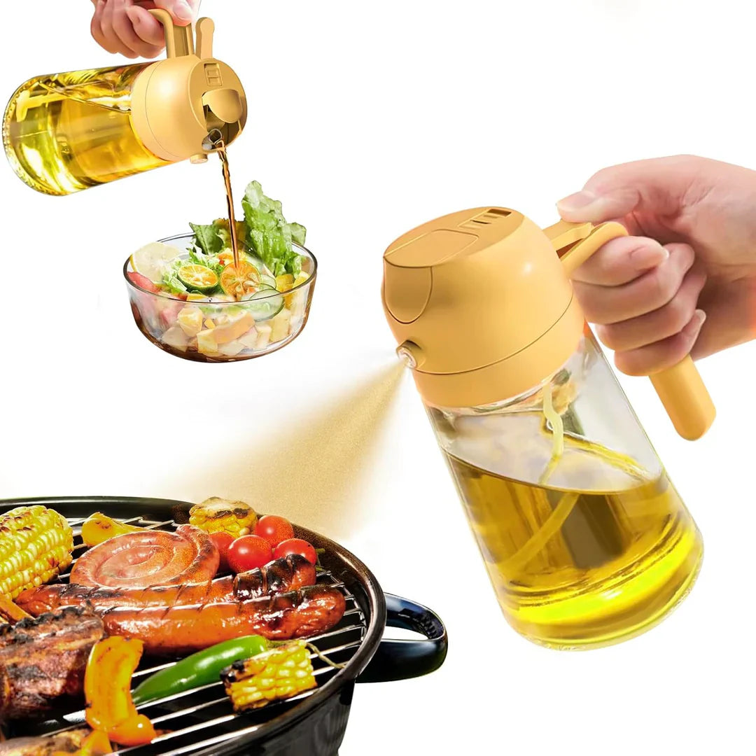 "Moderner 2-in-1 Olivenölsprüher mit Glasbehälter in der Küche, ideal für präzises Sprühen und Gießen."