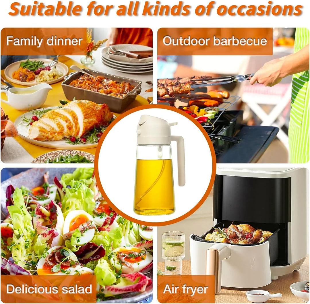 "Moderner 2-in-1 Olivenölsprüher mit Glasbehälter in der Küche, ideal für präzises Sprühen und Gießen."