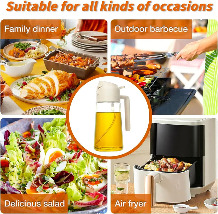 "Moderner 2-in-1 Olivenölsprüher mit Glasbehälter in der Küche, ideal für präzises Sprühen und Gießen."