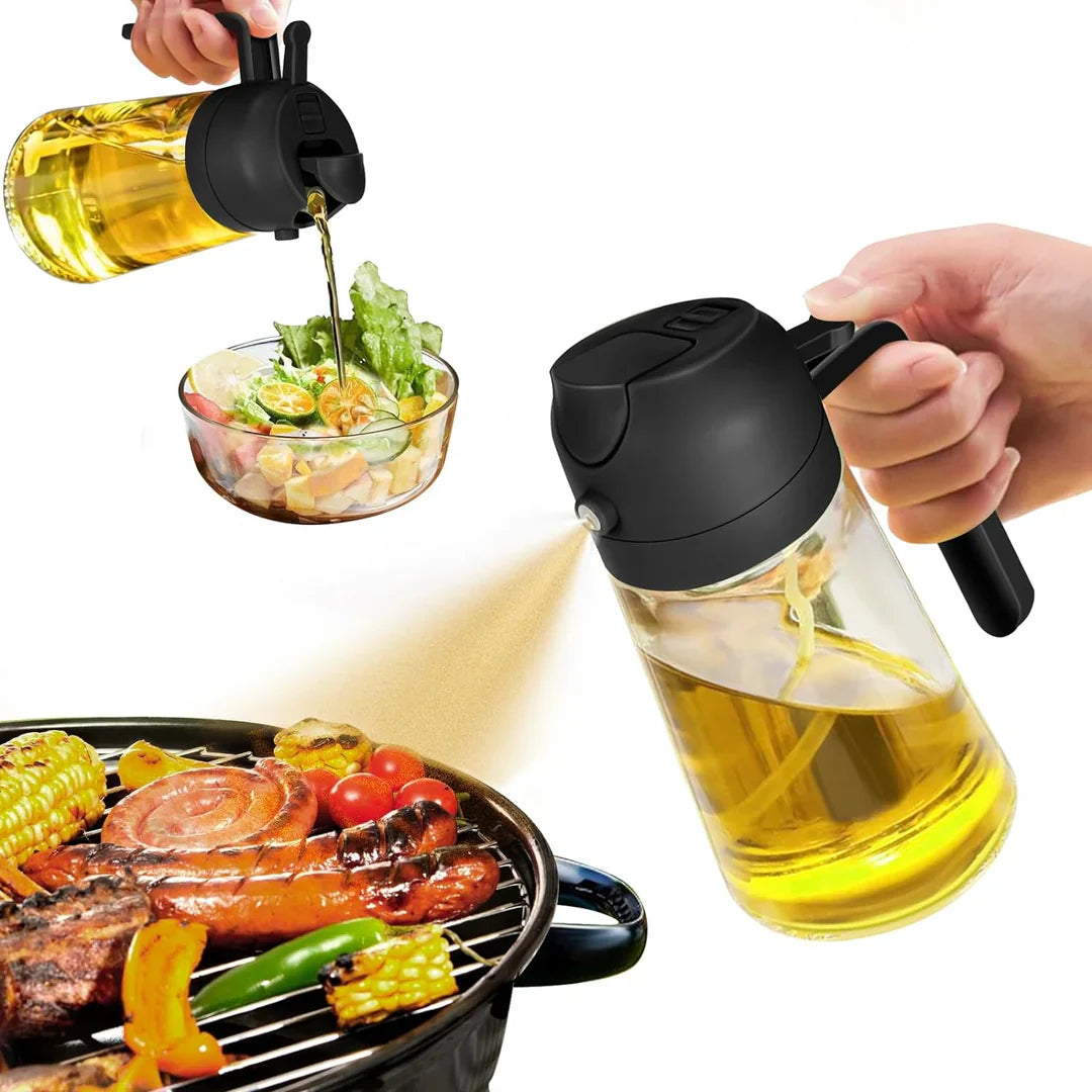 "Moderner 2-in-1 Olivenölsprüher mit Glasbehälter in der Küche, ideal für präzises Sprühen und Gießen."