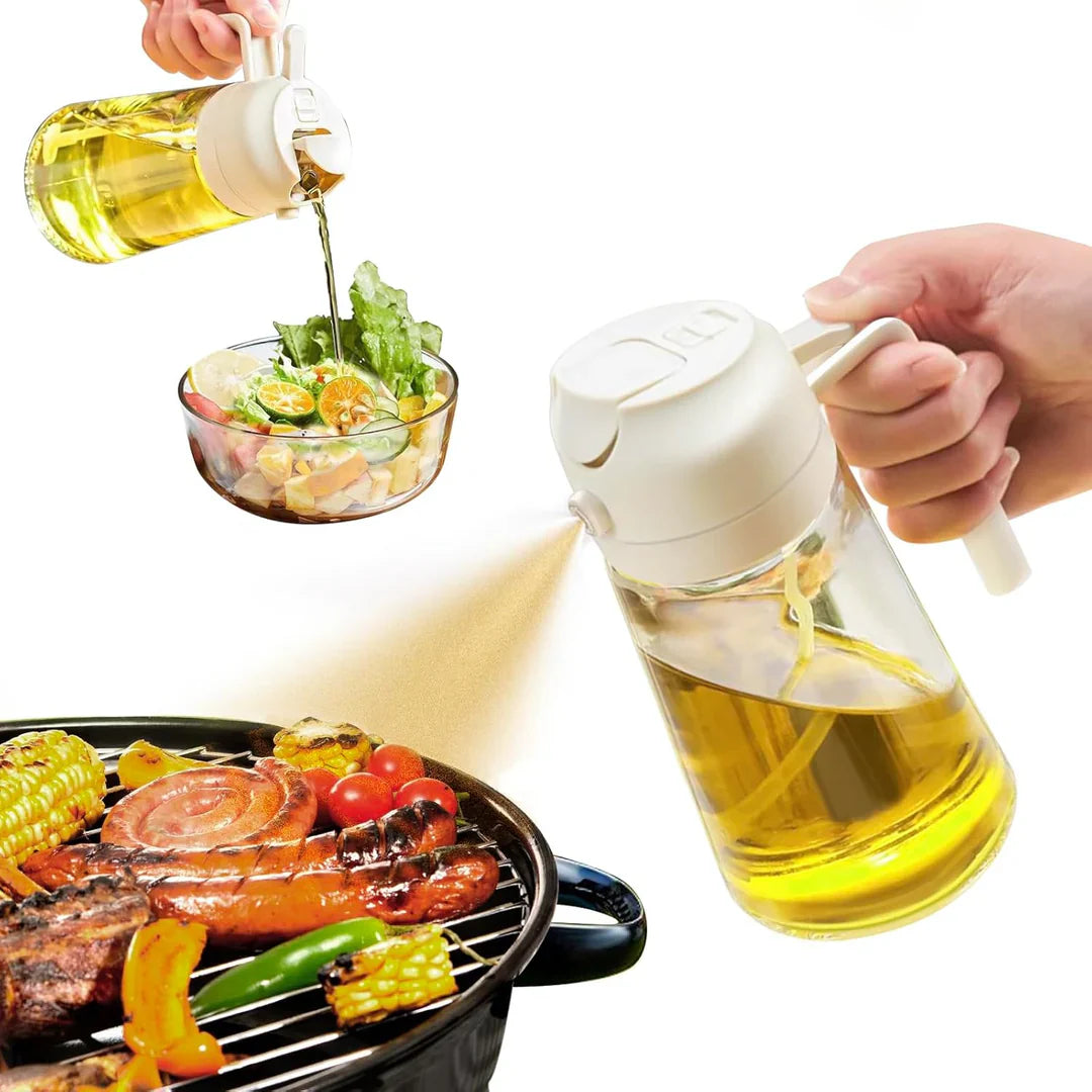 "Moderner 2-in-1 Olivenölsprüher mit Glasbehälter in der Küche, ideal für präzises Sprühen und Gießen."