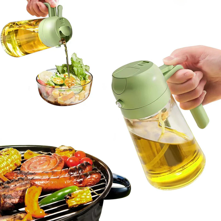 "Moderner 2-in-1 Olivenölsprüher mit Glasbehälter in der Küche, ideal für präzises Sprühen und Gießen."